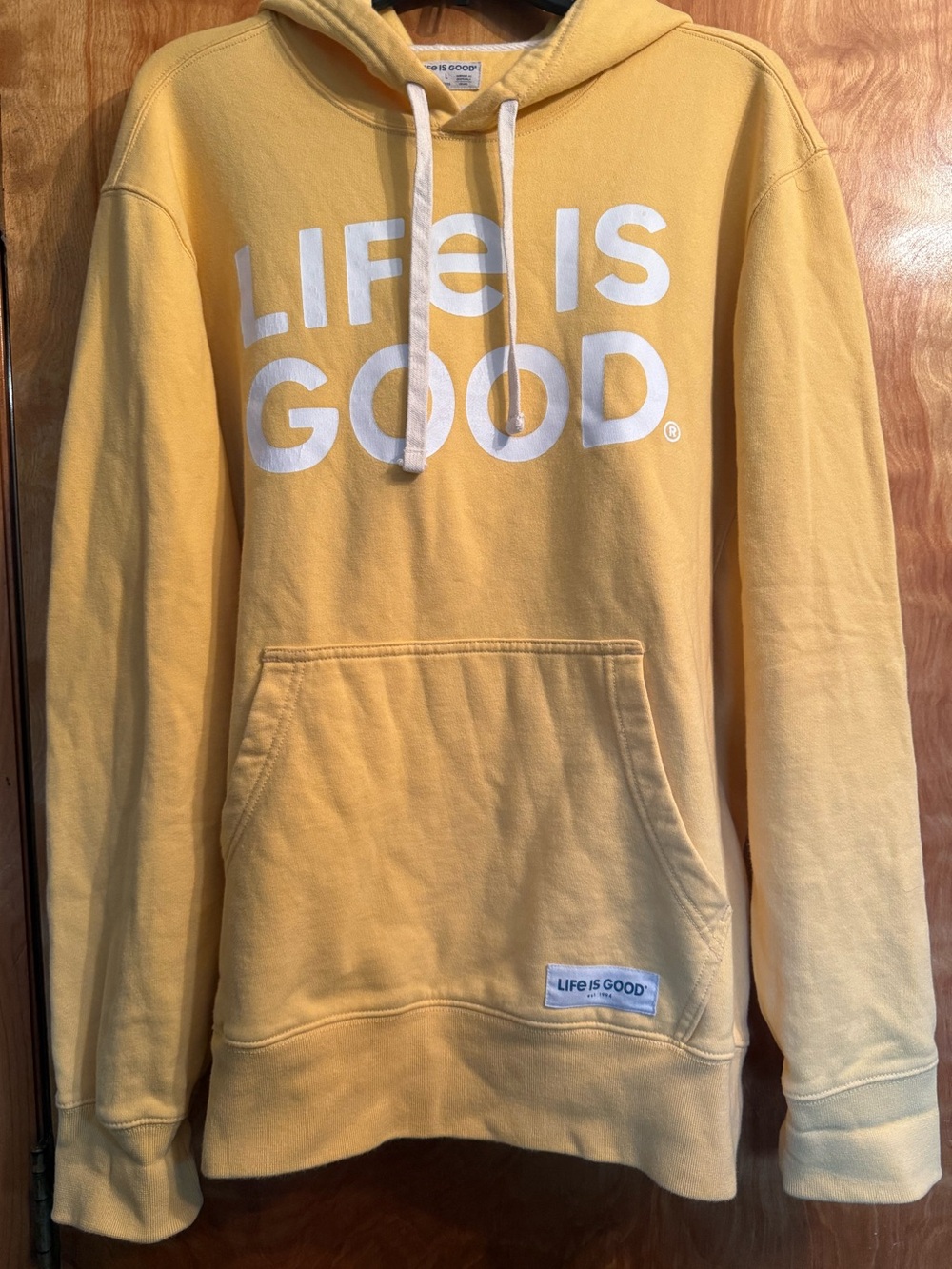 Life Is Good Men's Sunbeam Yellow Hoodie with White Logo size Large.